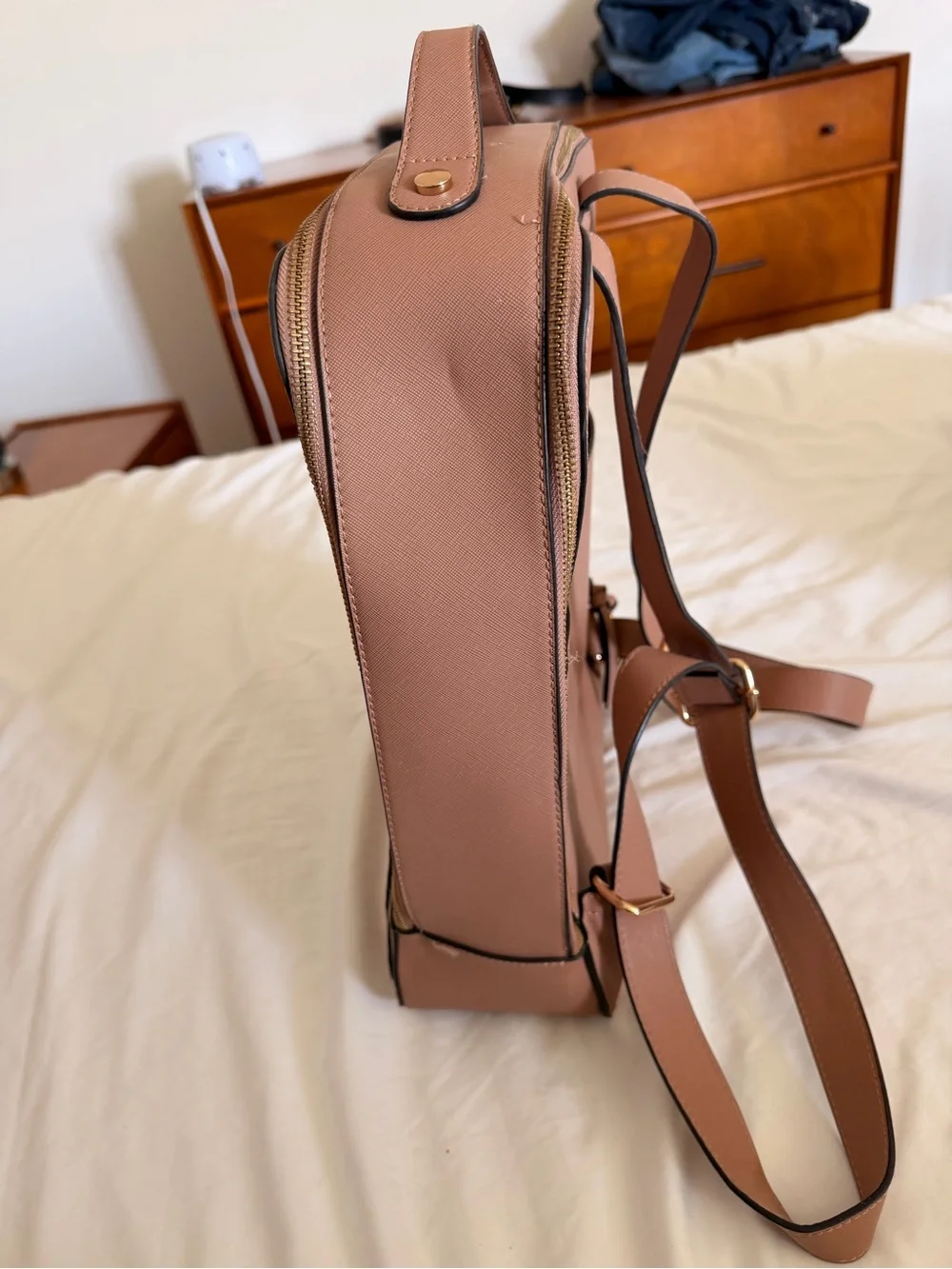 Calpak Dusty Rose Leather Backpack with Whipstitch Trim
